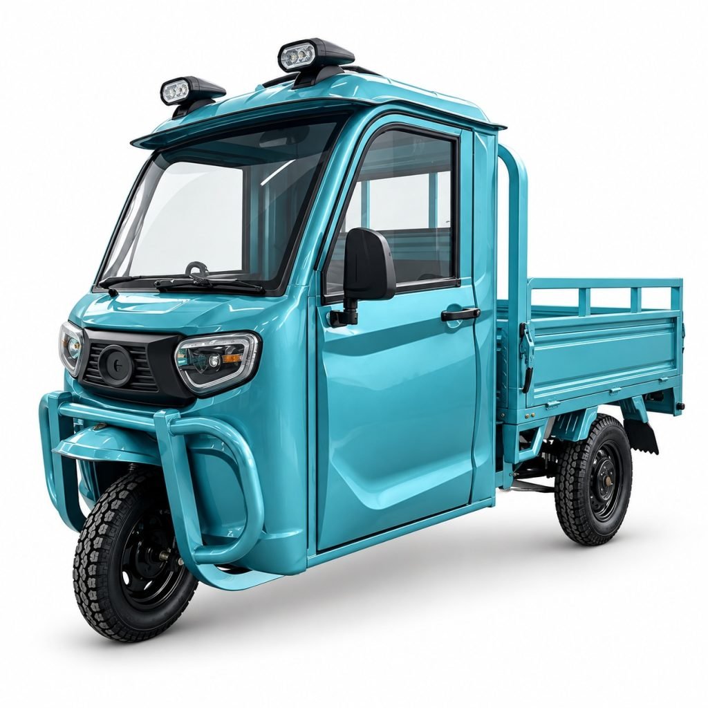 ZH-QD010 cabin electric cargo tricycle front three-quarter view